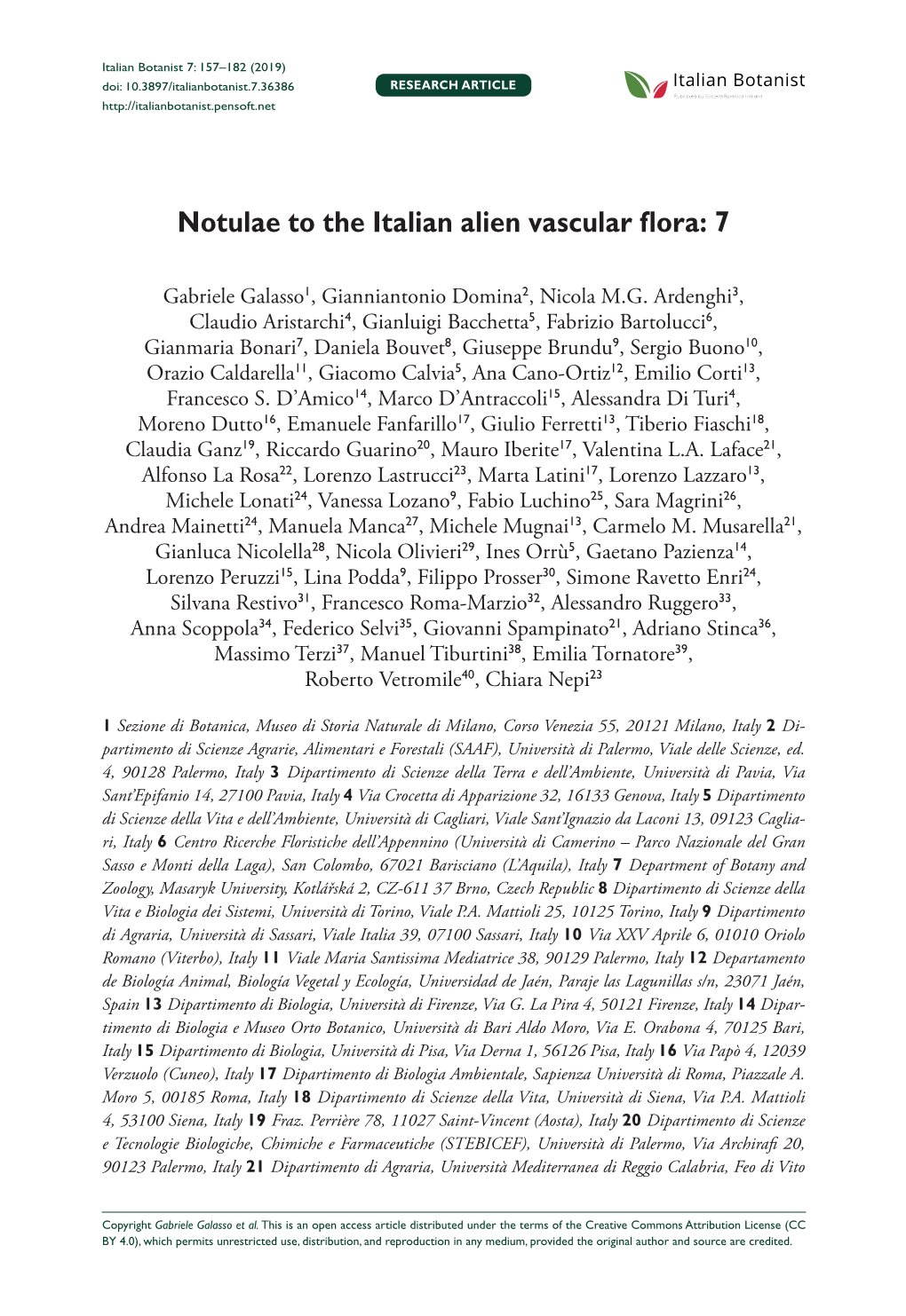 Notulae to the Italian Alien Vascular Flora: 7 157 Doi: 10.3897/Italianbotanist.7.36386 RESEARCH ARTICLE