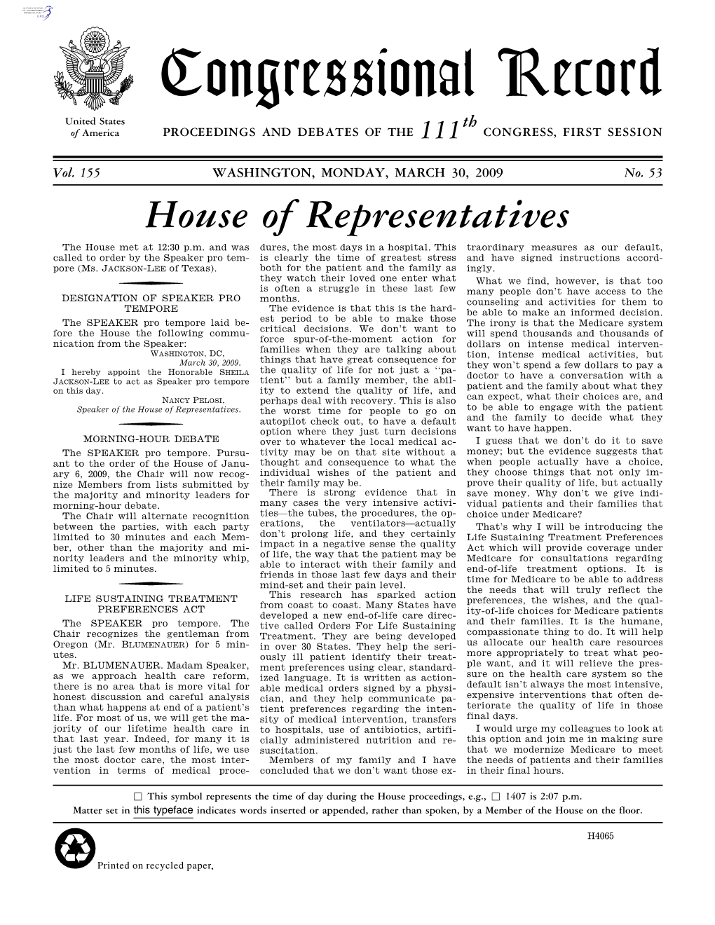 Congressional Record United States Th of America PROCEEDINGS and DEBATES of the 111 CONGRESS, FIRST SESSION