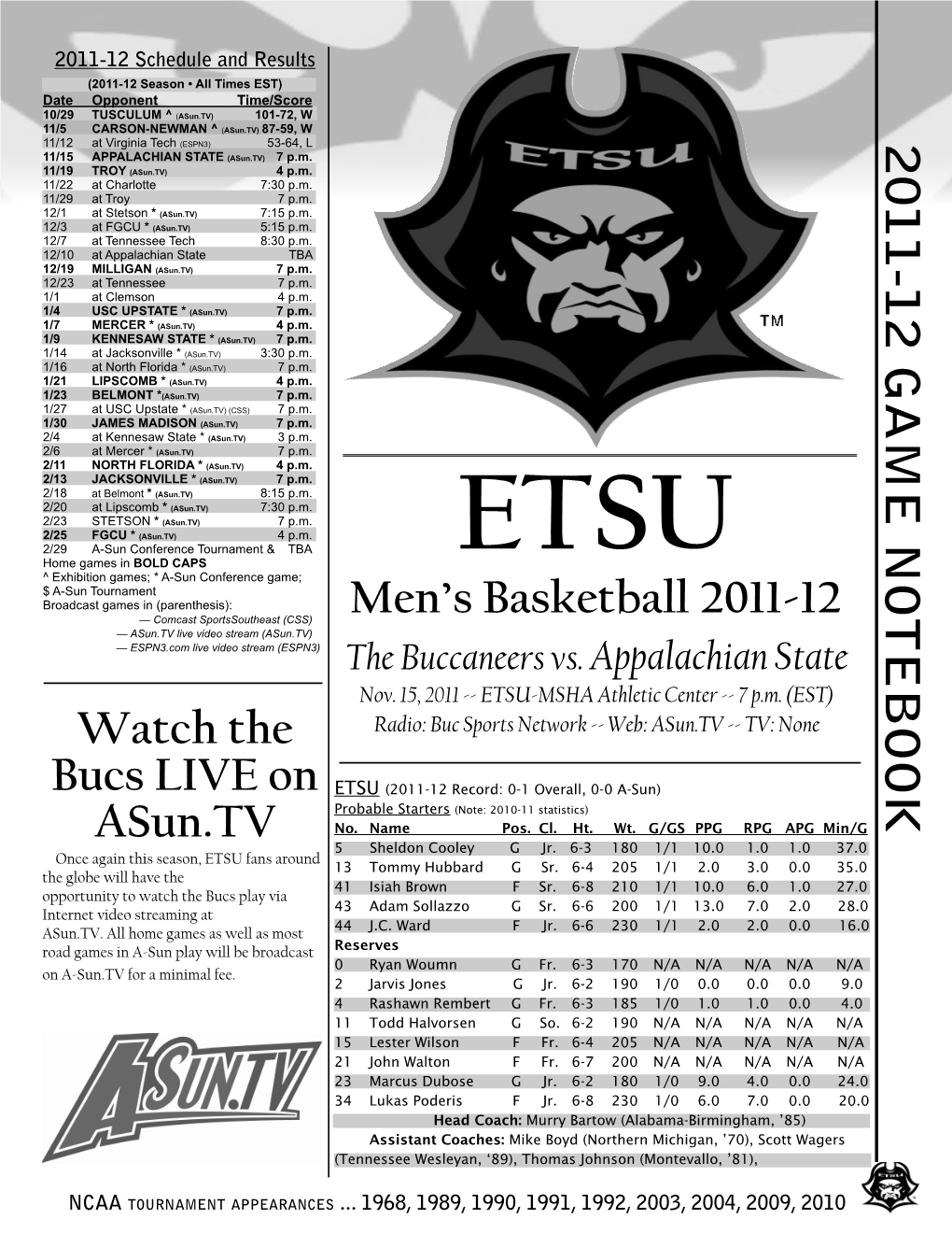 2011-12 GAME NOTEBOOK Men's Basketball 2011-12 Watch The