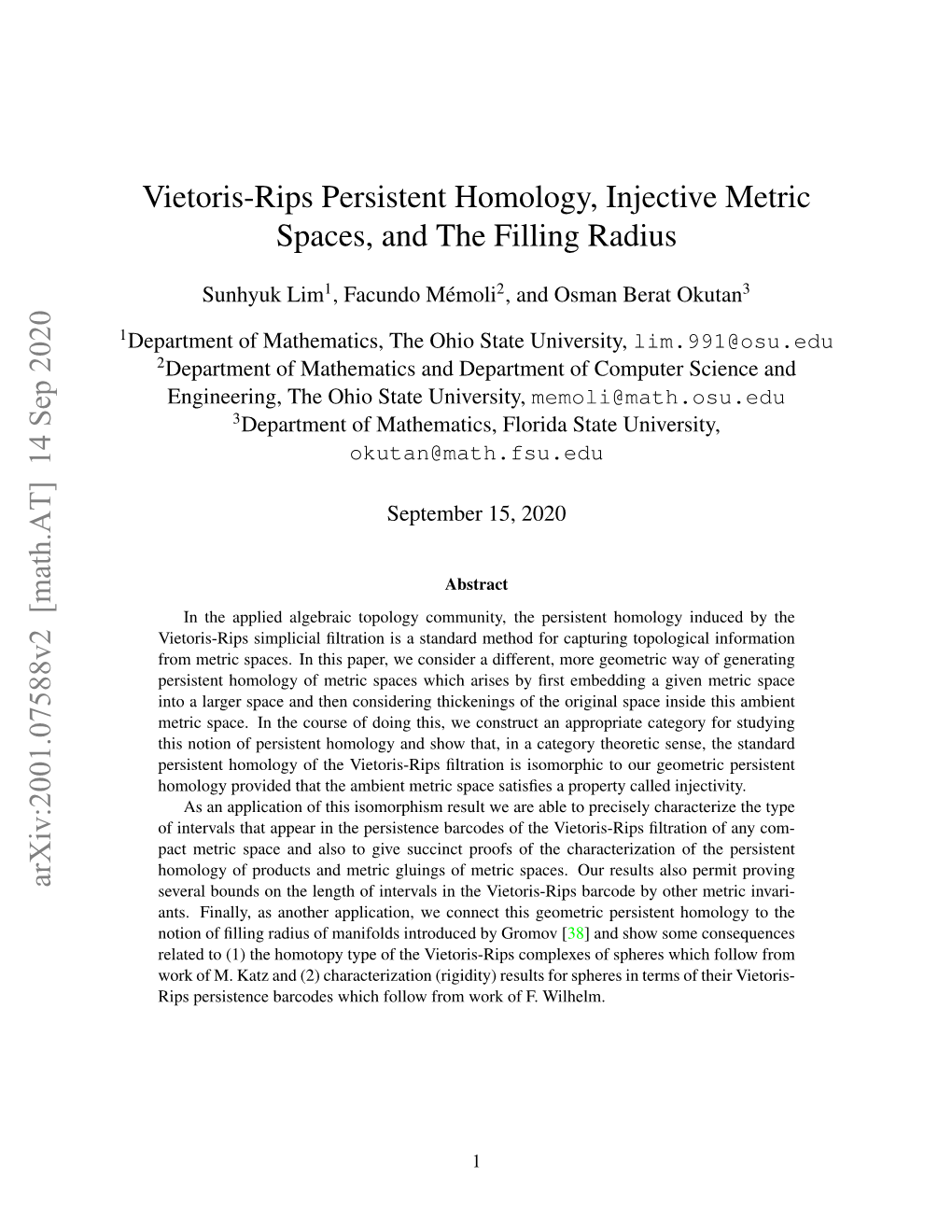 Vietoris-Rips Persistent Homology, Injective Metric Spaces, and the Filling Radius
