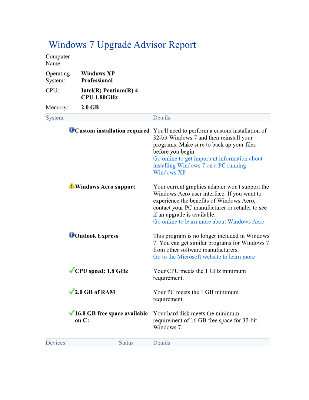 Windows 7 Upgrade Advisor Report