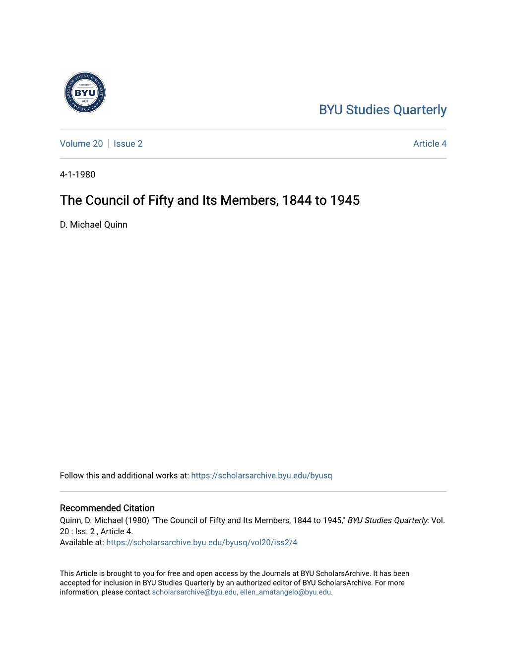 The Council of Fifty and Its Members, 1844 to 1945