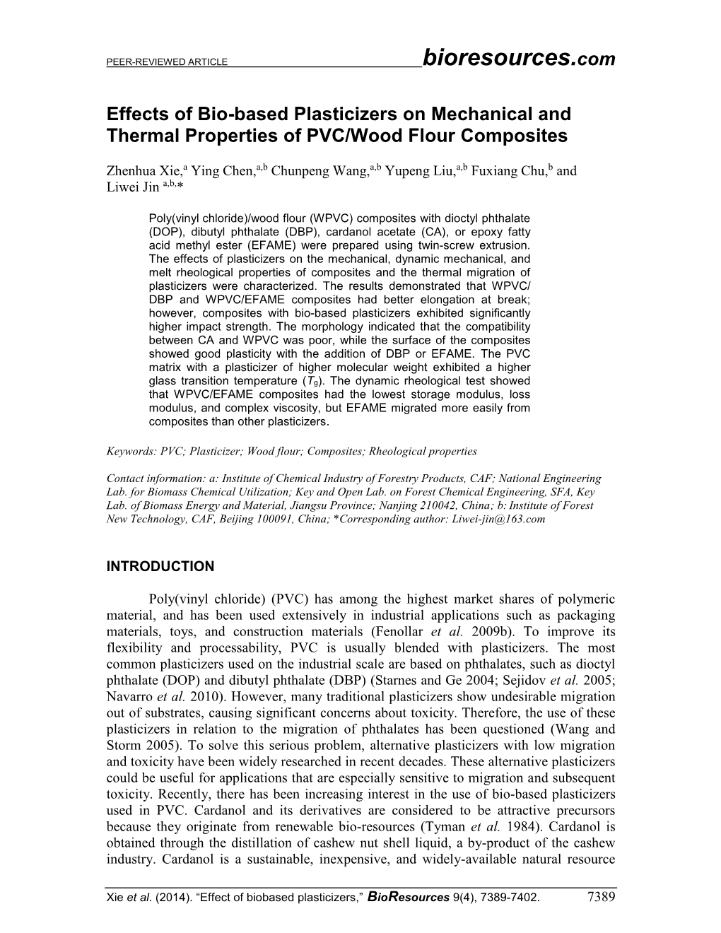 Effects of Bio-Based Plasticizers on Mechanical and Thermal Properties of PVC/Wood Flour Composites