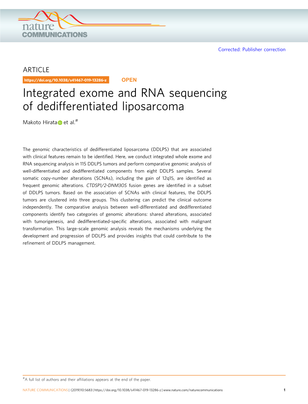 Integrated Exome and RNA Sequencing of Dedifferentiated Liposarcoma