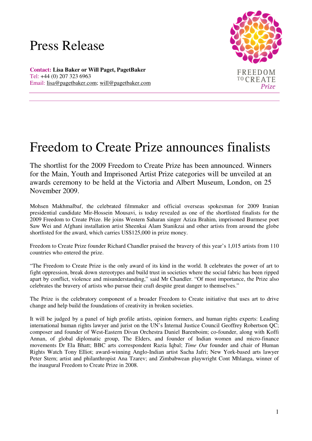 Press Release Freedom to Create Prize Announces Finalists