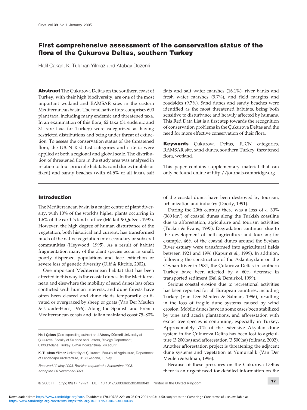 First Comprehensive Assessment of the Conservation Status of the Flora of the Çukurova Deltas, Southern Turkey