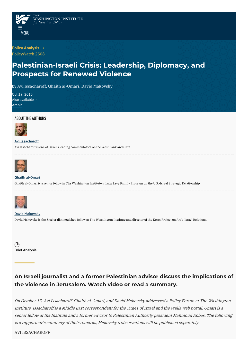 Palestinian-Israeli Crisis: Leadership, Diplomacy, and Prospects for Renewed Violence | the Washington Institute