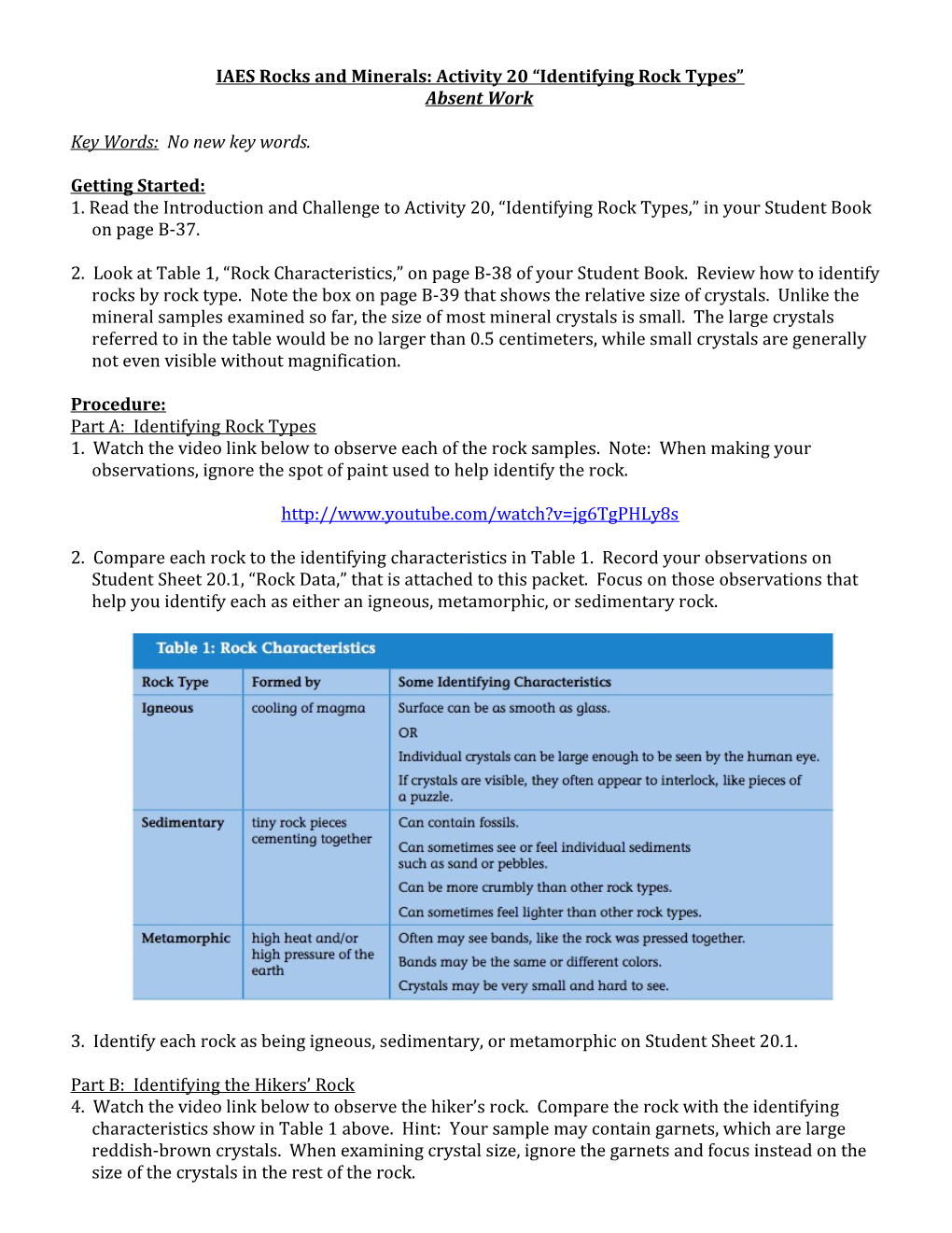 IAES Rocks and Minerals: Activity 20 Identifying Rock Types