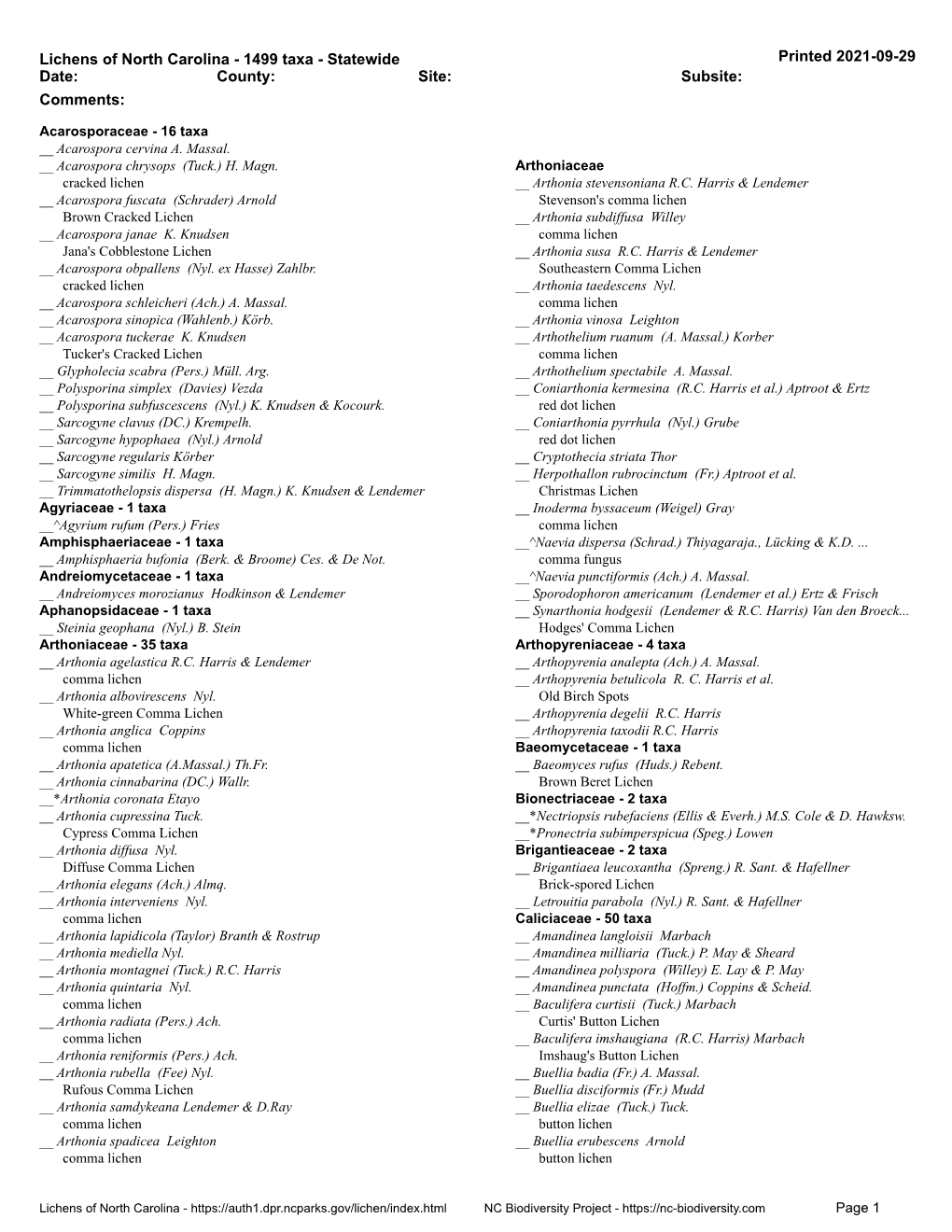 Lichens of North Carolina - 1499 Taxa - Statewide Printed 2021-09-29 Date: County: Site: Subsite: Comments