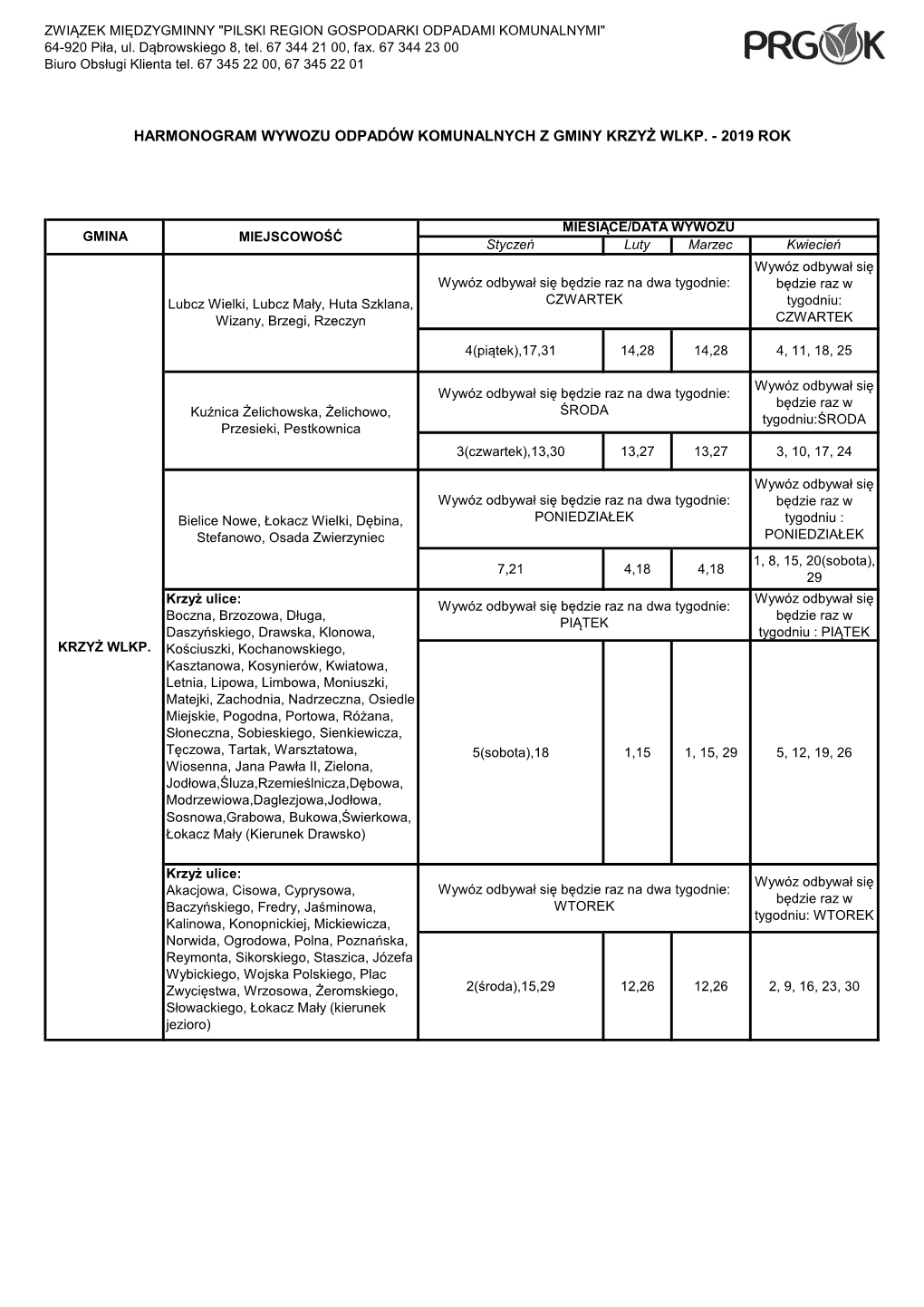 Harmonogram Wywozu Odpadów Komunalnych Z Gminy Krzyż Wlkp. - 2019 Rok