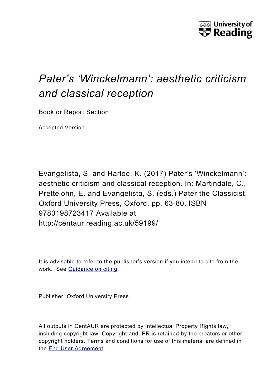 Winckelmann’: Aesthetic Criticism and Classical Reception