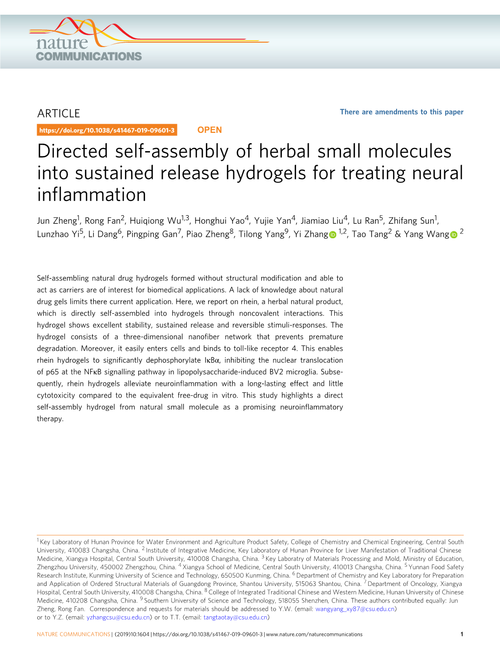 Directed Self-Assembly of Herbal Small Molecules Into Sustained Release Hydrogels for Treating Neural Inﬂammation