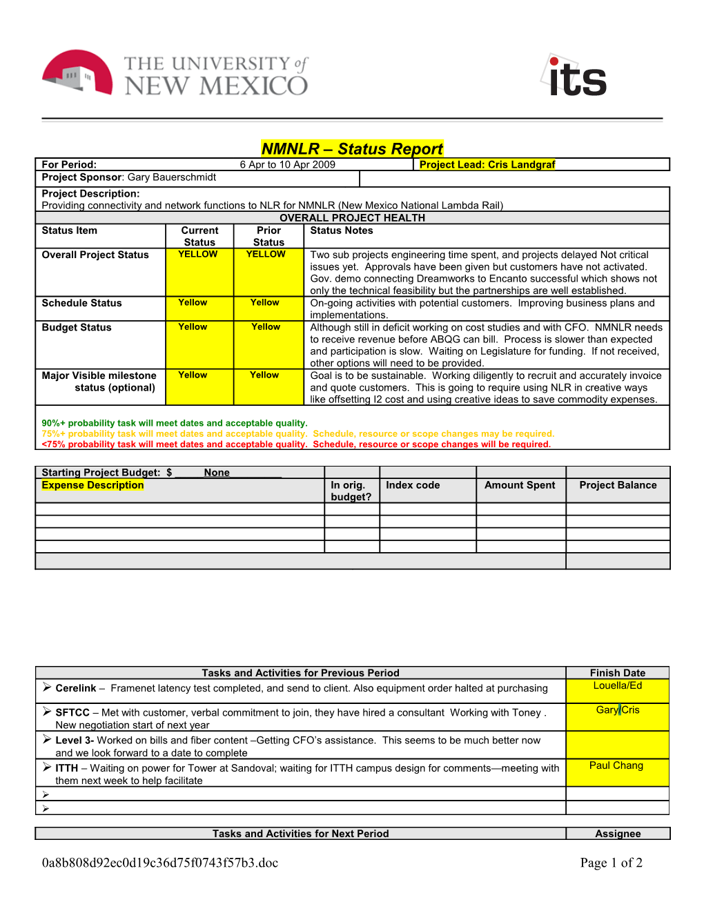 ITS Status Report Template s1