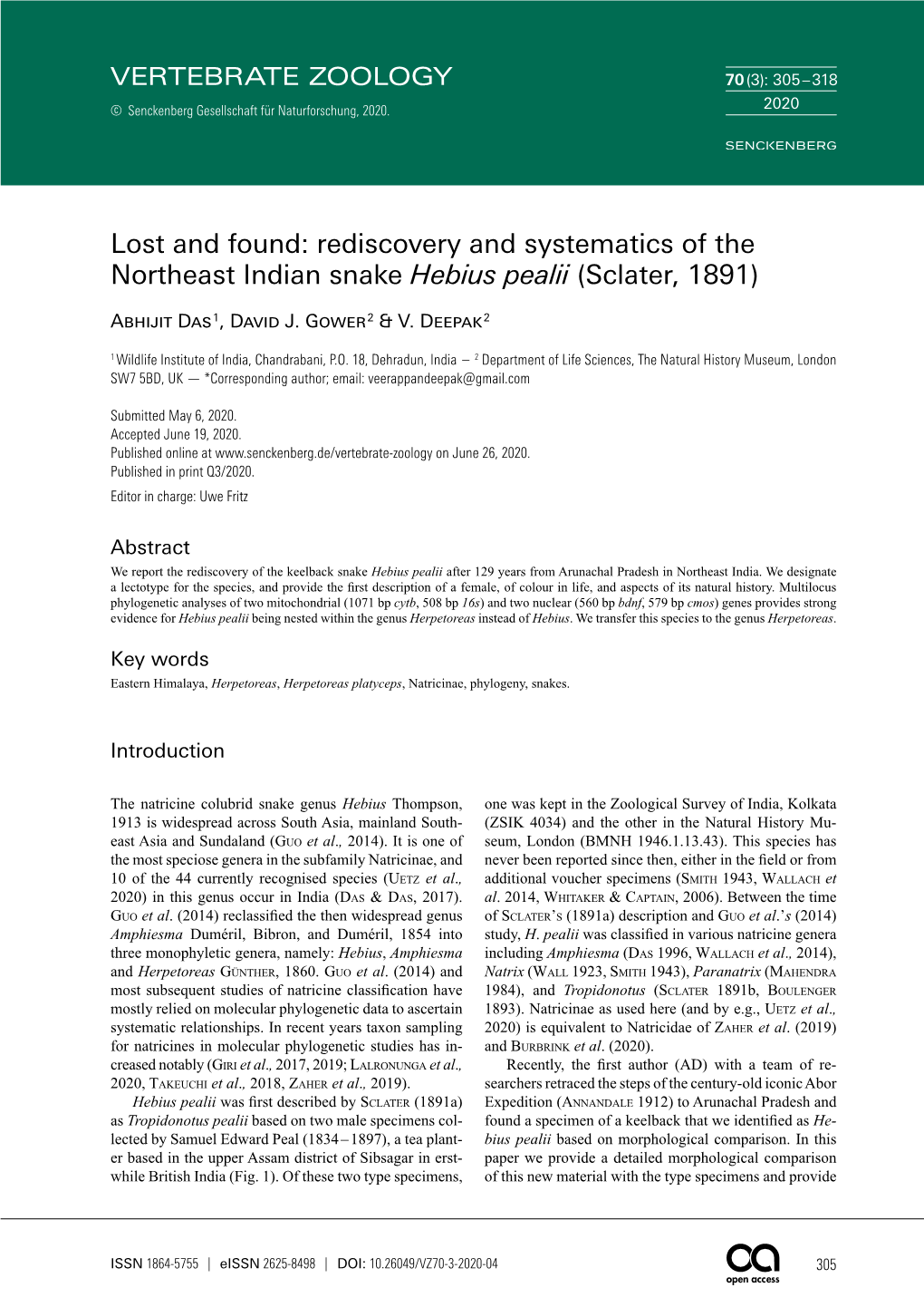 Lost and Found: Rediscovery and Systematics of the Northeast Indian Snake Hebius Pealii (Sclater, 1891)