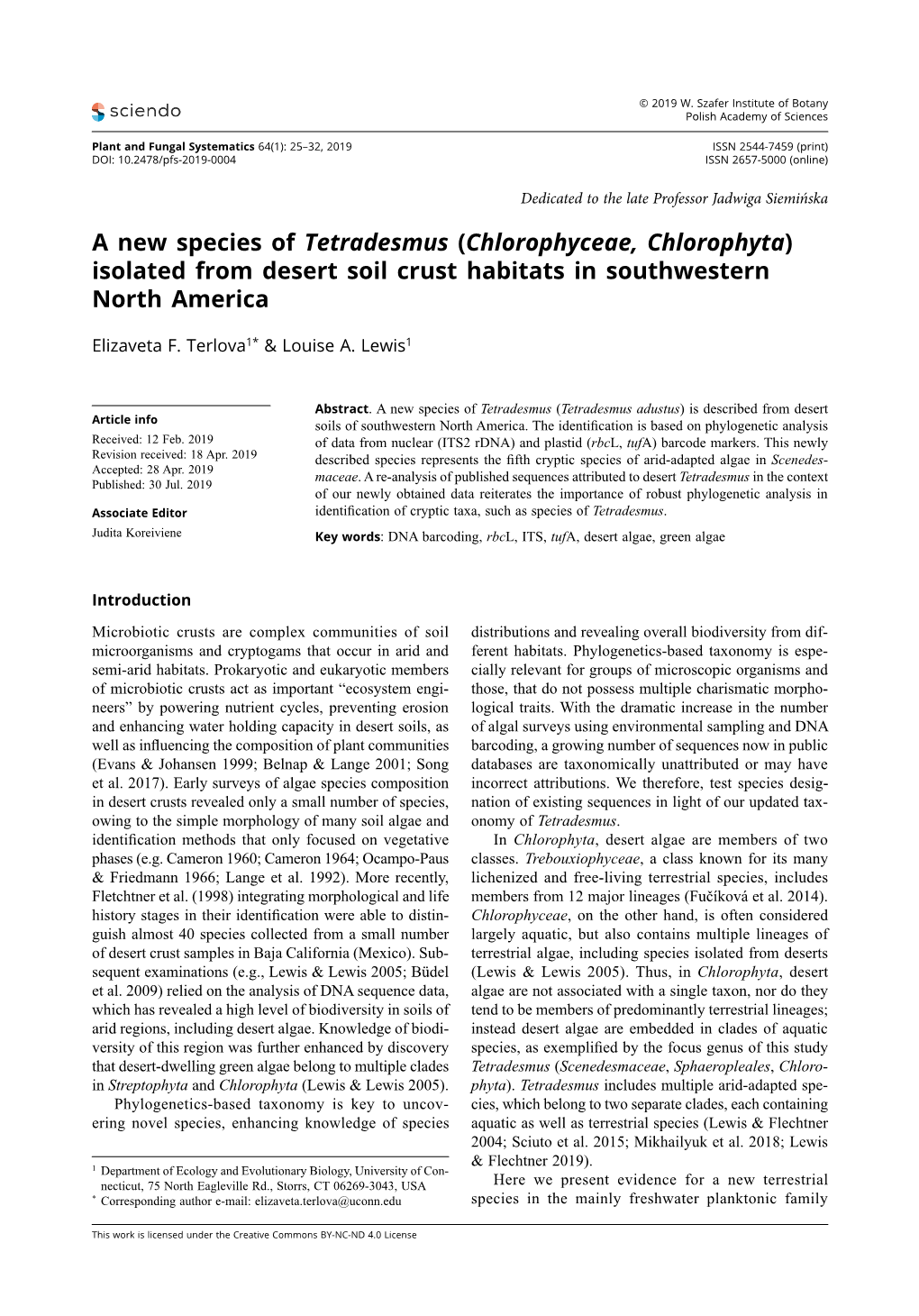 A New Species of Tetradesmus (Chlorophyceae, Chlorophyta) Isolated from Desert Soil Crust Habitats in Southwestern North America