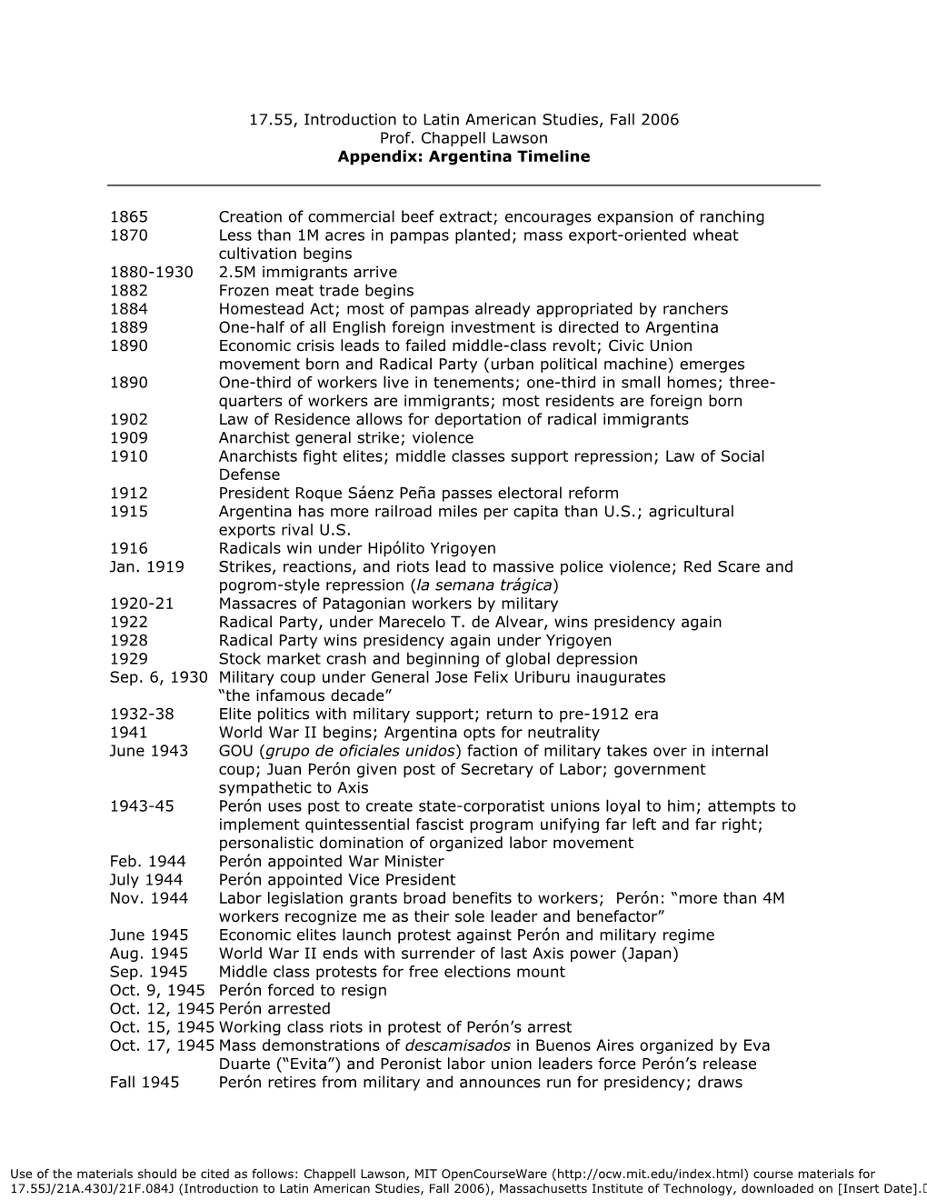 17.55, Introduction to Latin American Studies, Fall 2006 Prof. Chappell Lawson Appendix: Argentina Timeline