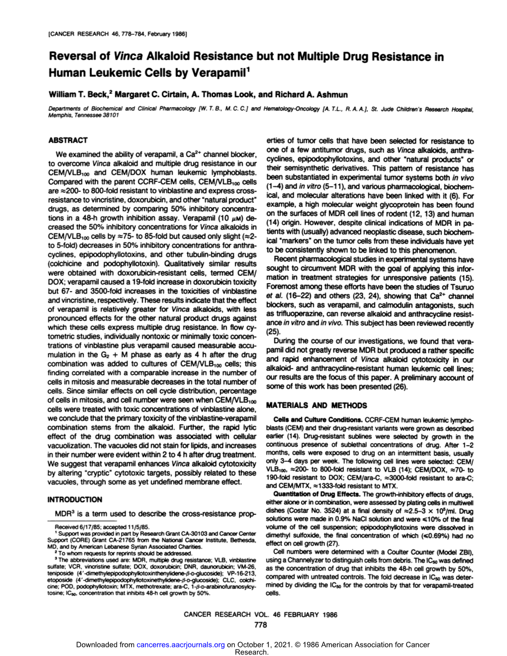 Reversal of Vinca Alkaloid Resistance but Not Multiple Drug Resistance in Human Leukemic Cells by Verapamil1