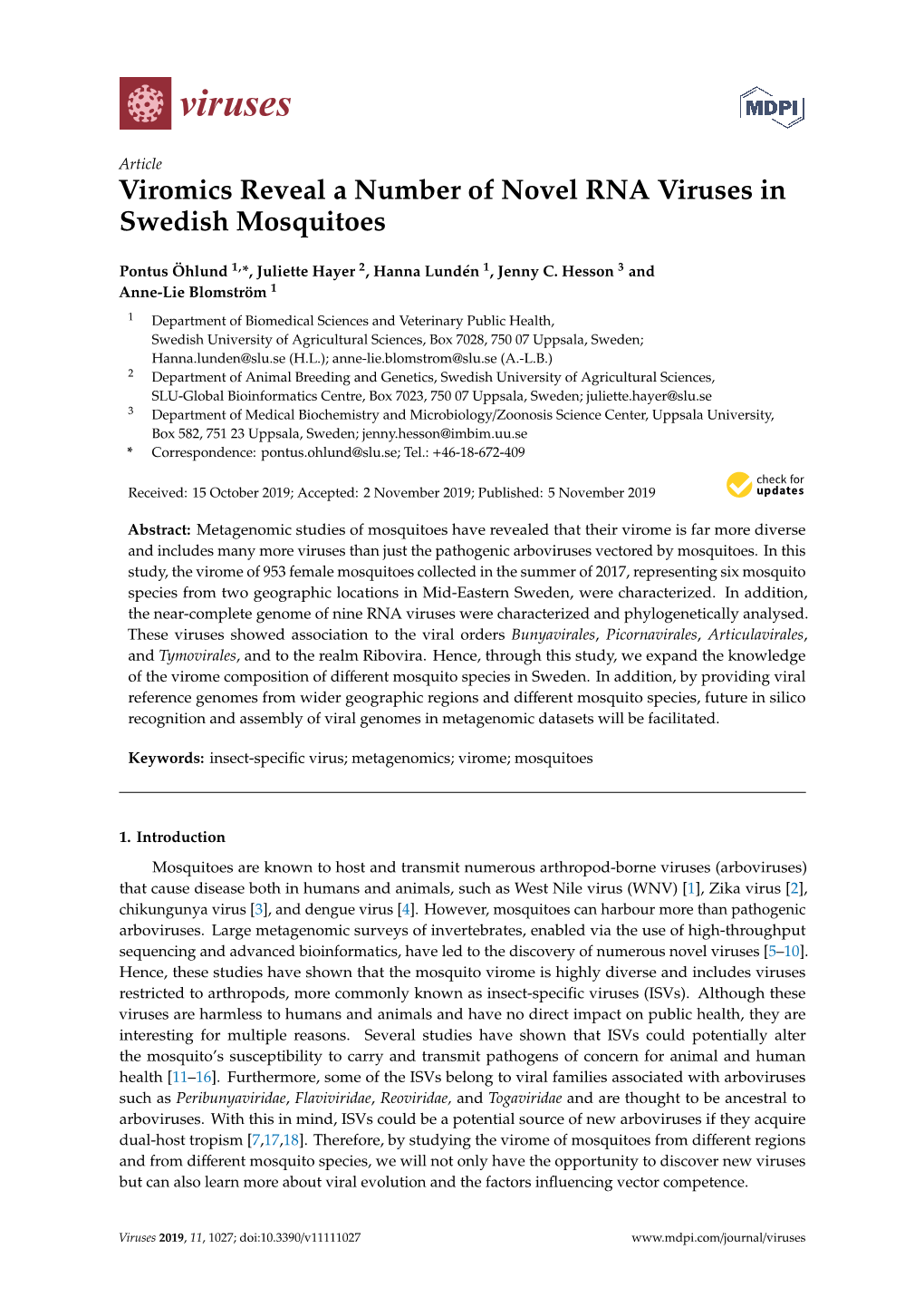 Viromics Reveal a Number of Novel RNA Viruses in Swedish Mosquitoes