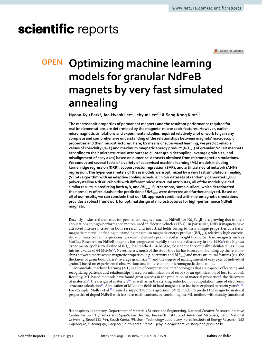 Optimizing Machine Learning Models for Granular Ndfeb Magnets by Very Fast Simulated Annealing Hyeon‑Kyu Park1, Jae‑Hyeok Lee1, Jehyun Lee2* & Sang‑Koog Kim1*