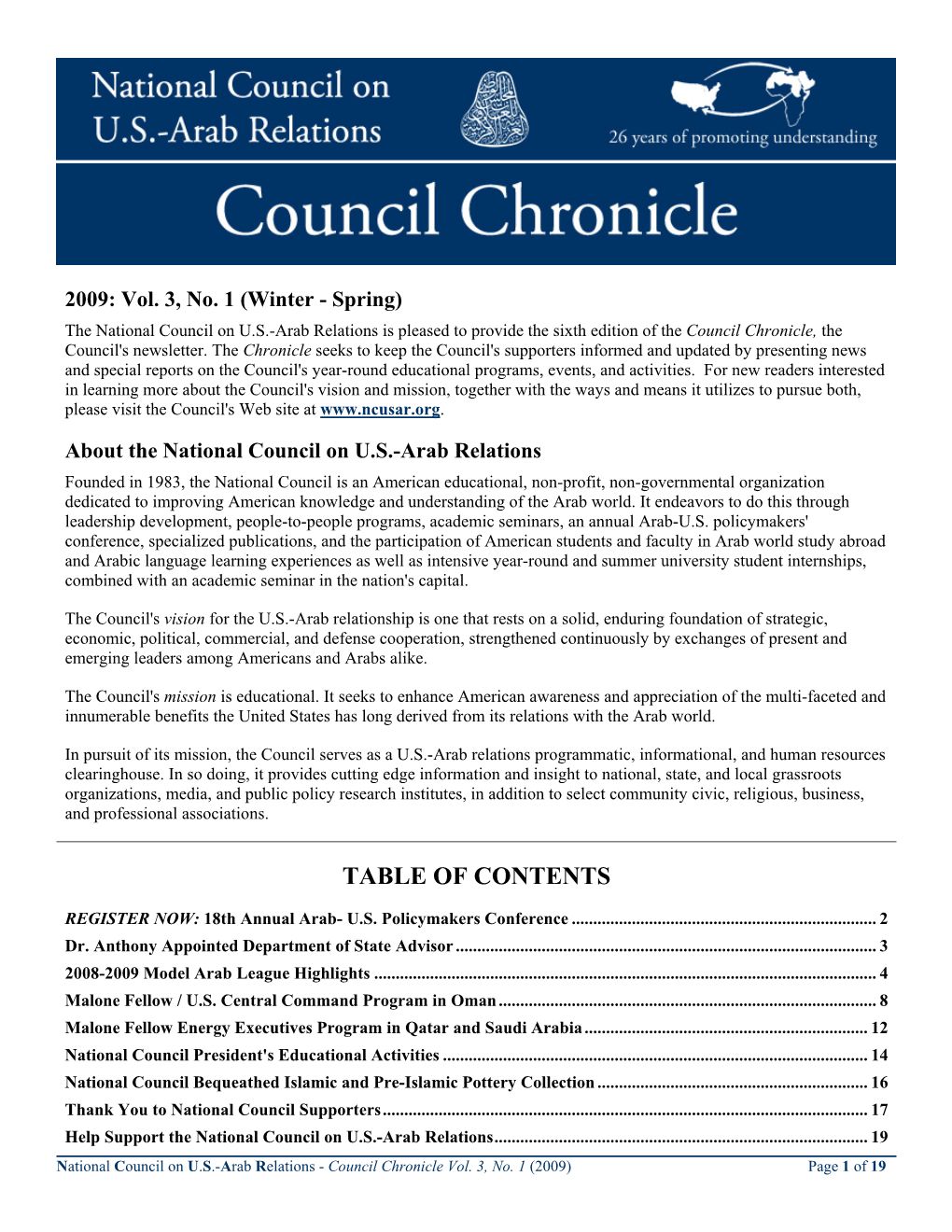 Council Chronicle – Vol. 3, No. 1 (Winter-Spring 2009)