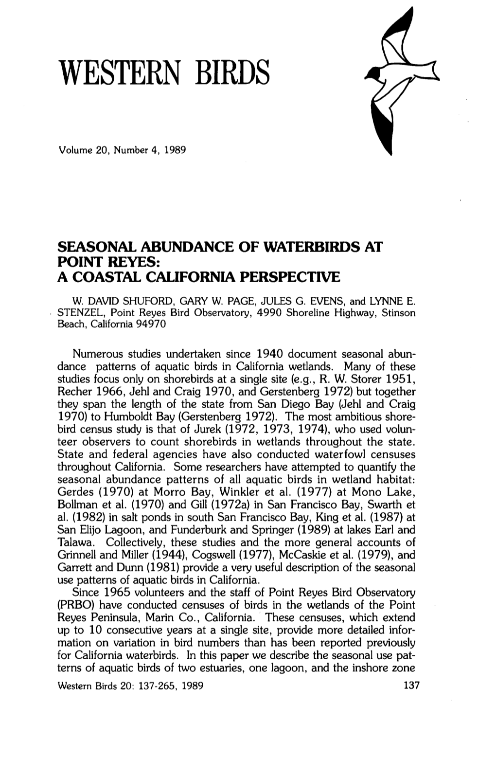 Seasonal Abundance of Waterbirds at Point Reyes: a Coastal California Perspective