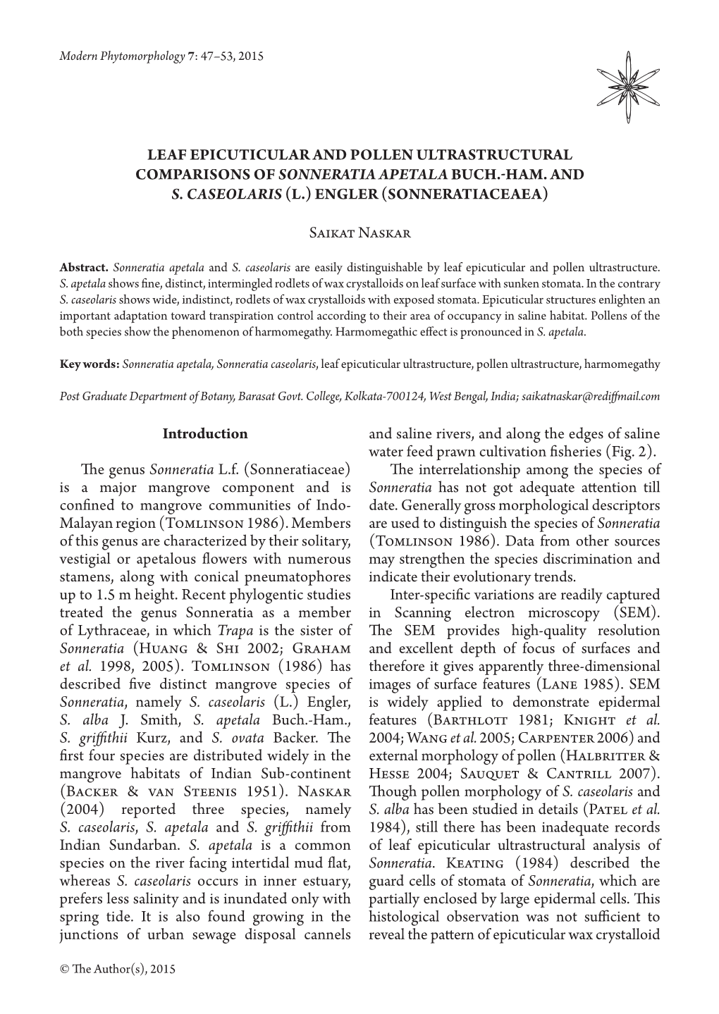 Introduction the Genus Sonneratia L.F. (Sonneratiaceae) Is a Major