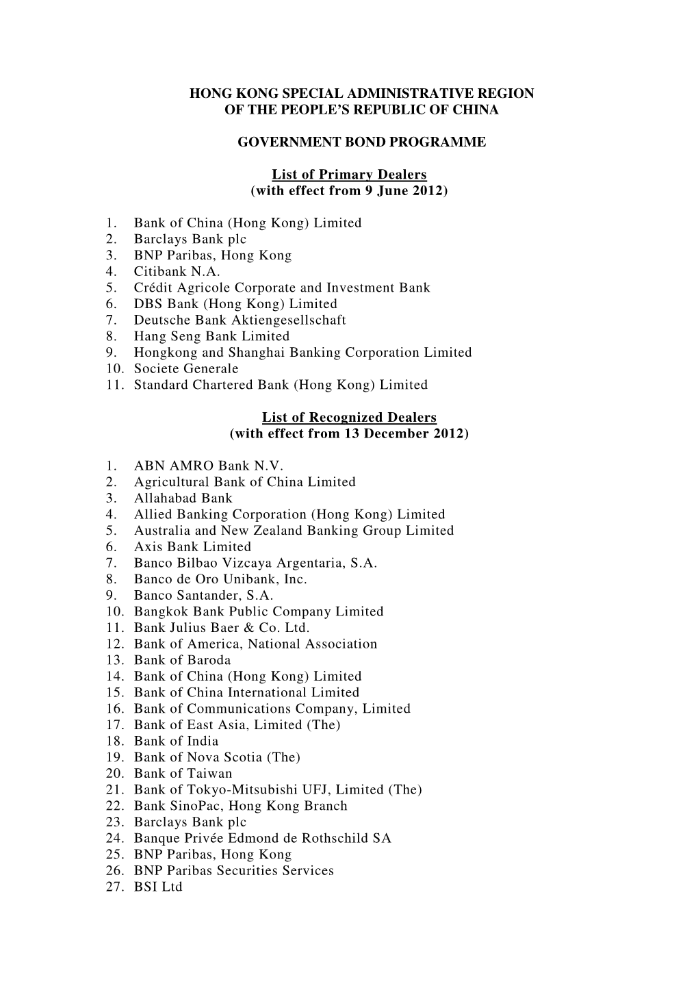 HONG KONG SPECIAL ADMINISTRATIVE REGION of the PEOPLE's REPUBLIC of CHINA GOVERNMENT BOND PROGRAMME List of Primary Dealers (W