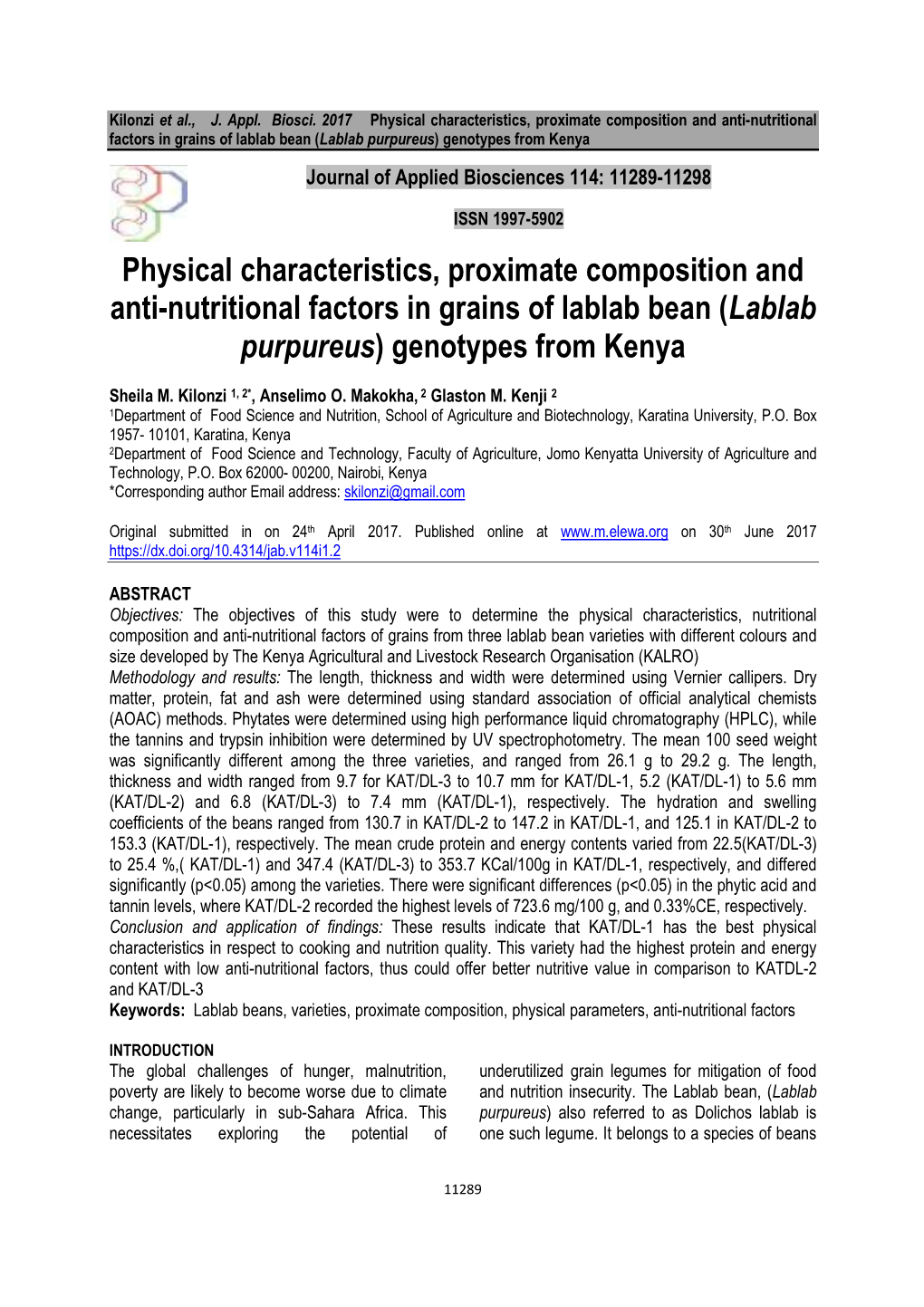 Lablab Purpureus ) Genotypes from Kenya Journal of Applied Biosciences 114: 11289-11298