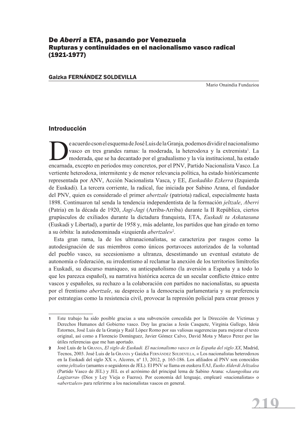 De Aberri a ETA, Pasando Por Venezuela Rupturas Y Continuidades En El Nacionalismo Vasco Radical (1921-1977)