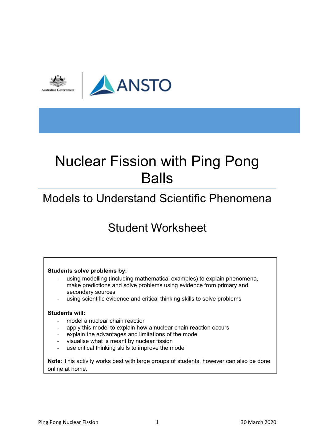 Nuclear Fission with Ping Pong Balls Models to Understand Scientific Phenomena