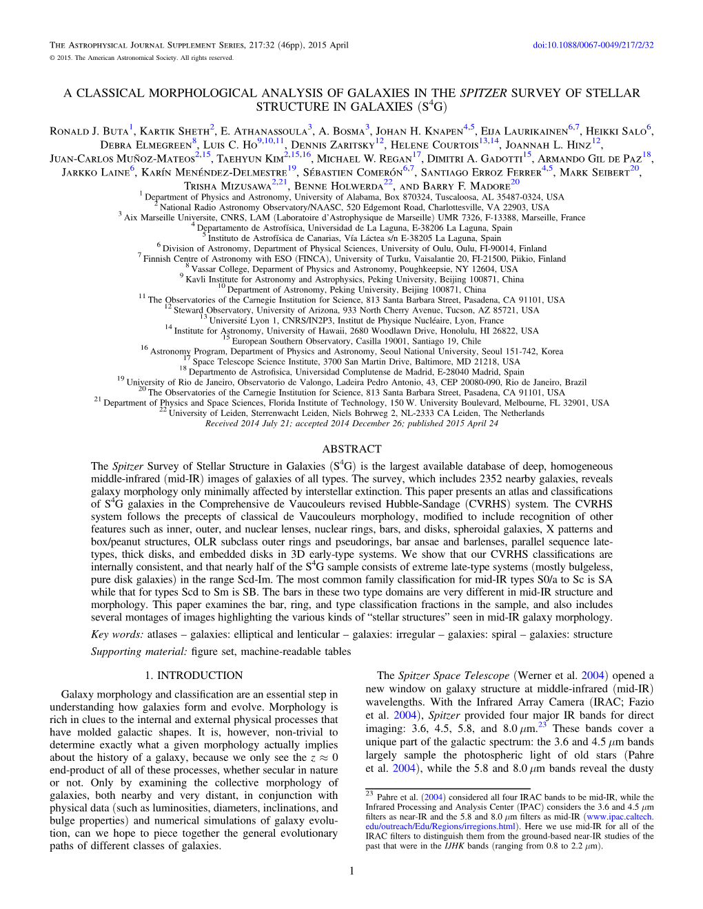 A CLASSICAL MORPHOLOGICAL ANALYSIS of GALAXIES in the SPITZER SURVEY of STELLAR STRUCTURE in GALAXIES (S4G) Ronald J