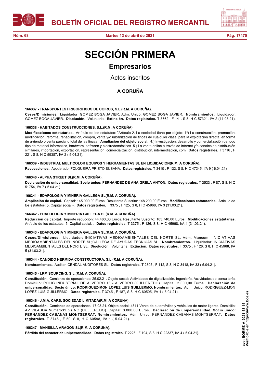 Actos De a CORUÑA Del BORME Núm. 68 De 2021