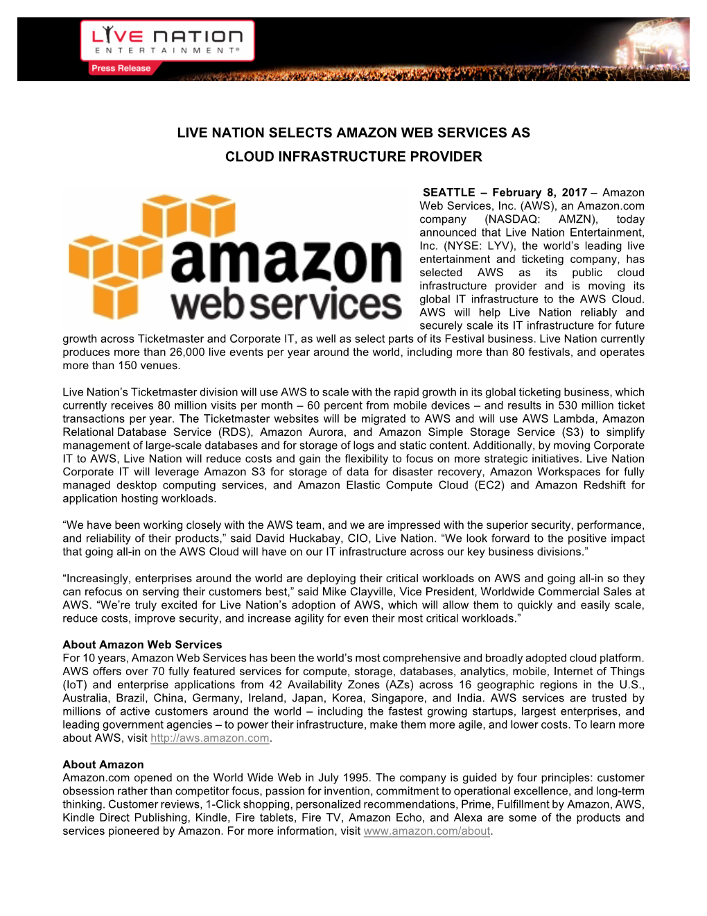 Live Nation Selects Amazon Web Services As Cloud Infrastructure Provider