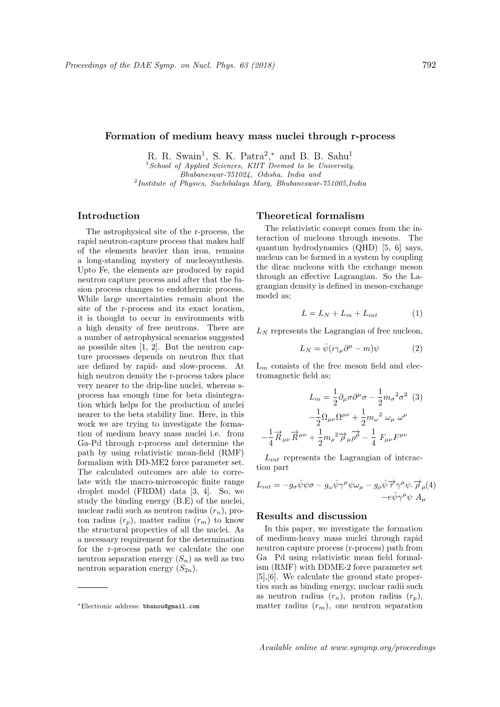 Formation of Medium Heavy Mass Nuclei Through R-Process R. R. Swain1, S