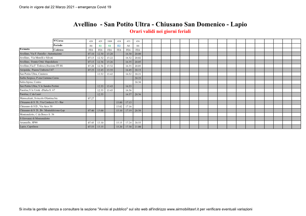 Avellino - San Potito Ultra - Chiusano San Domenico - Lapio Orari Validi Nei Giorni Feriali