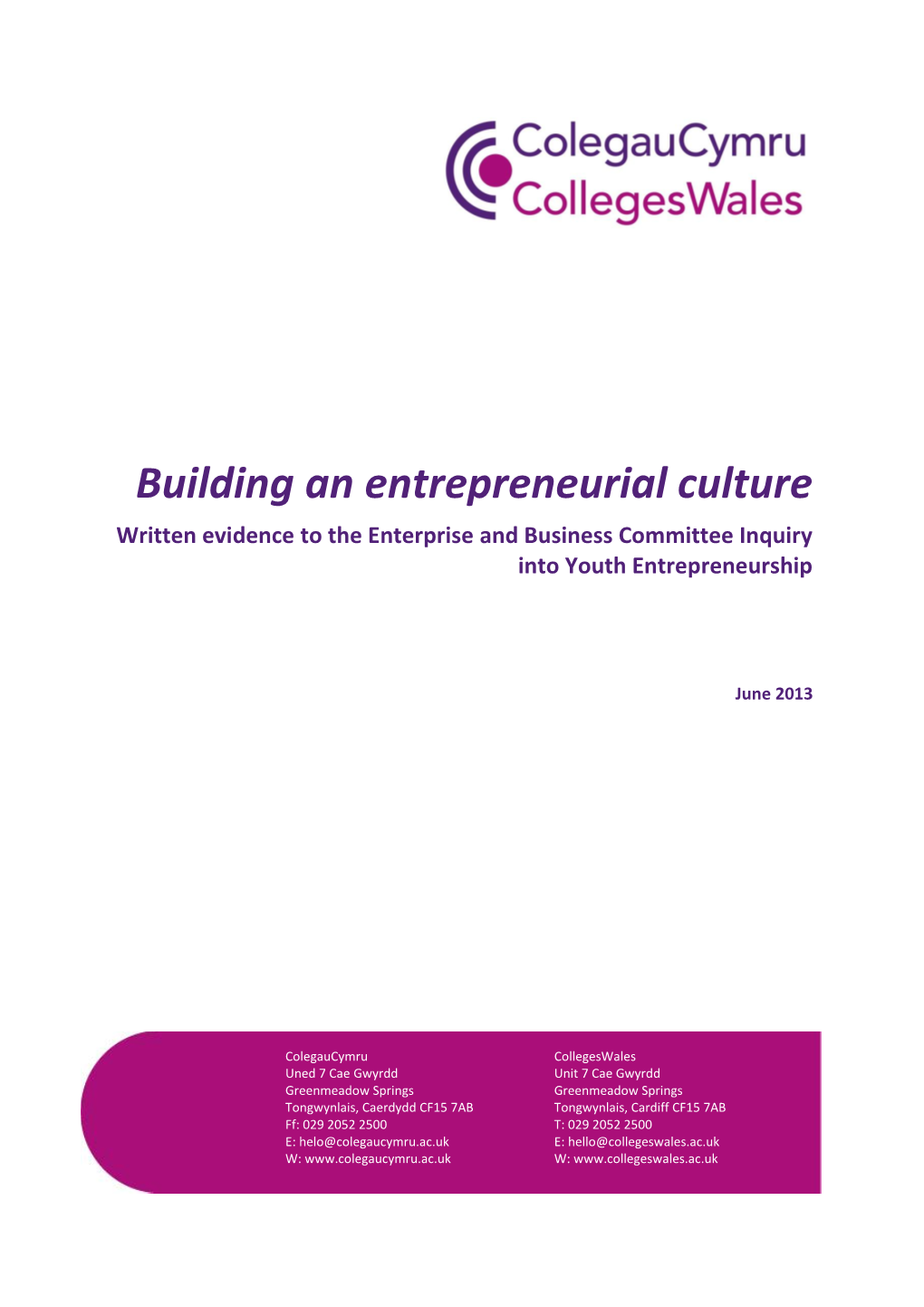 Building an Entrepreneurial Culture Written Evidence to the Enterprise and Business Committee Inquiry Into Youth Entrepreneurship