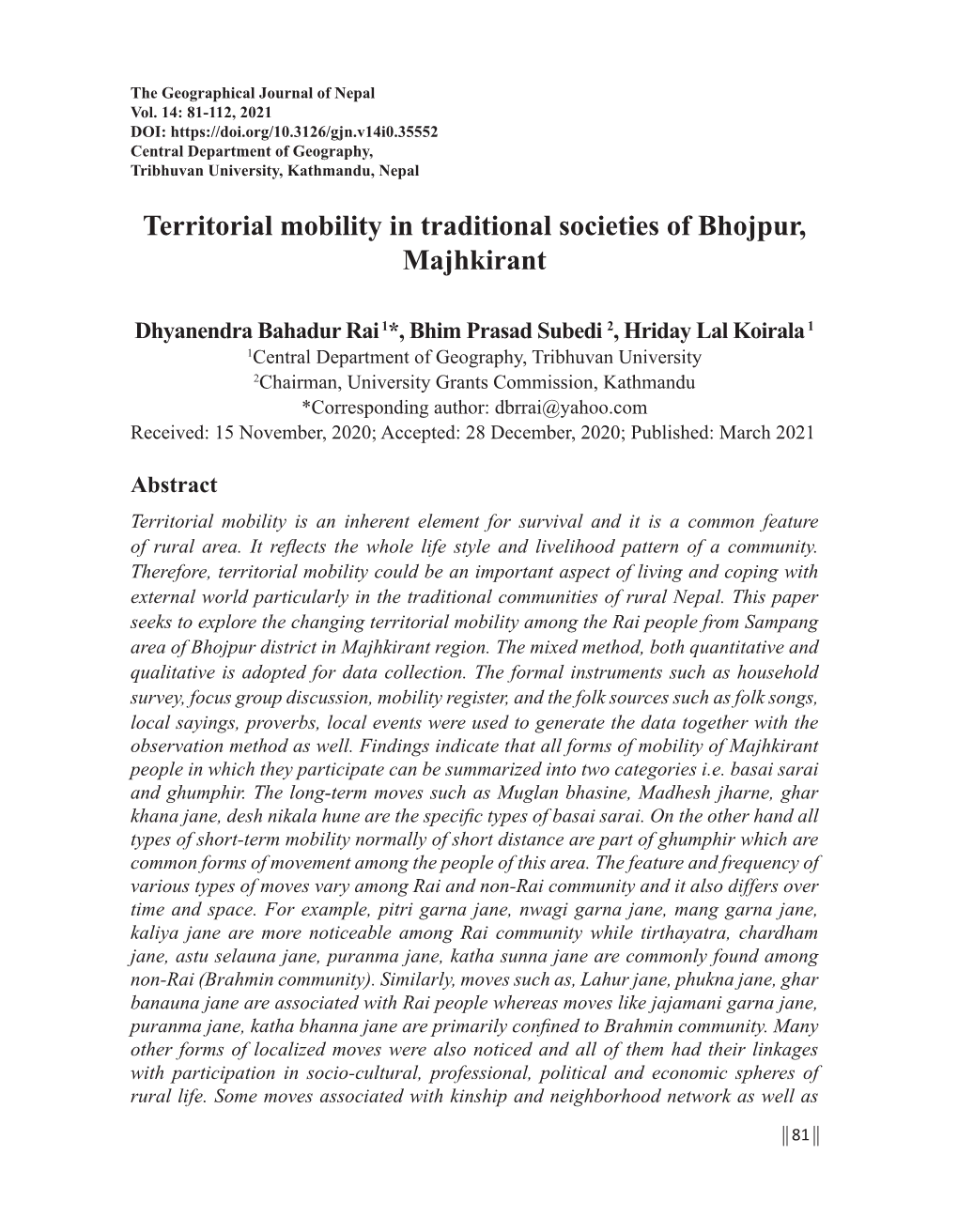 Territorial Mobility in Traditional Societies of Bhojpur, Majhkirant