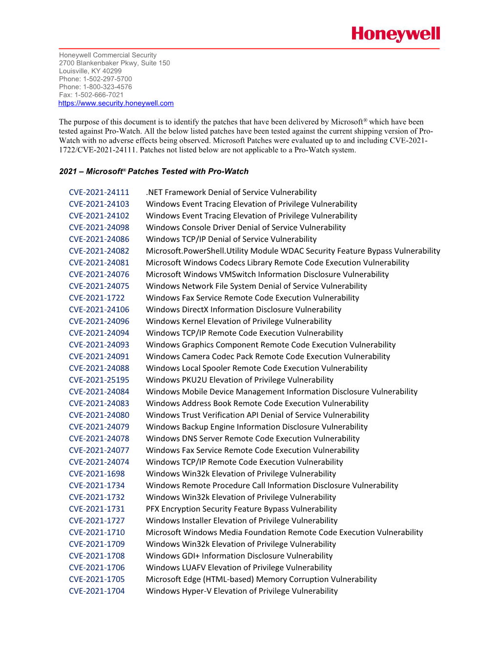 Microsoft Patches Were Evaluated up to and Including CVE-2021- 1722/CVE-2021-24111