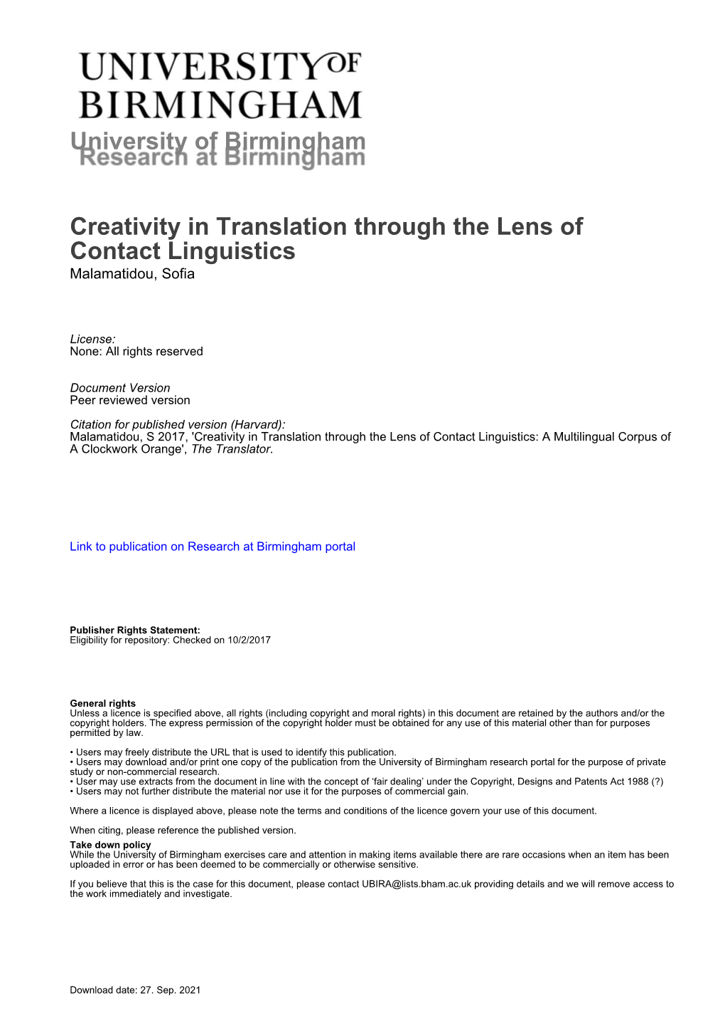 University of Birmingham Creativity in Translation Through the Lens Of