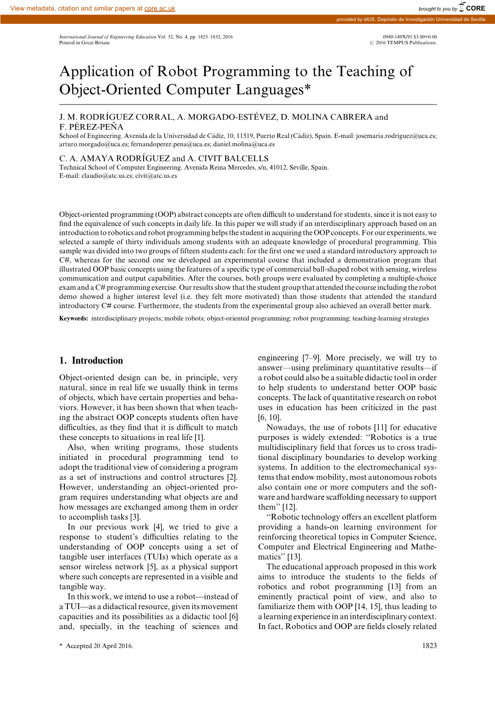 Application of Robot Programming to the Teaching of Object-Oriented Computer Languages*