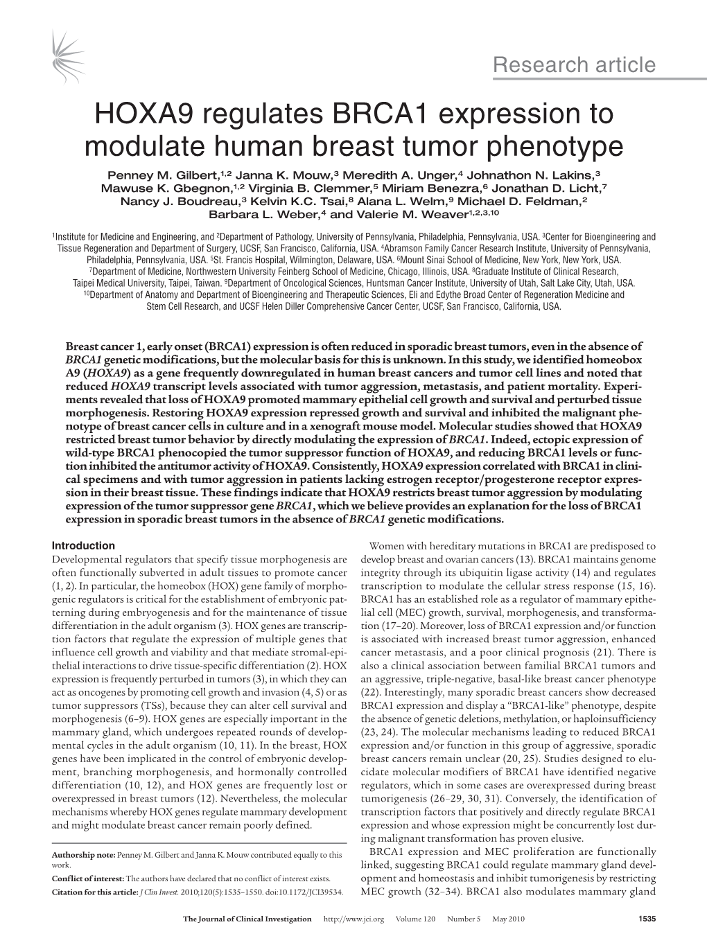 HOXA9 Regulates BRCA1 Expression to Modulate Human Breast Tumor Phenotype Penney M