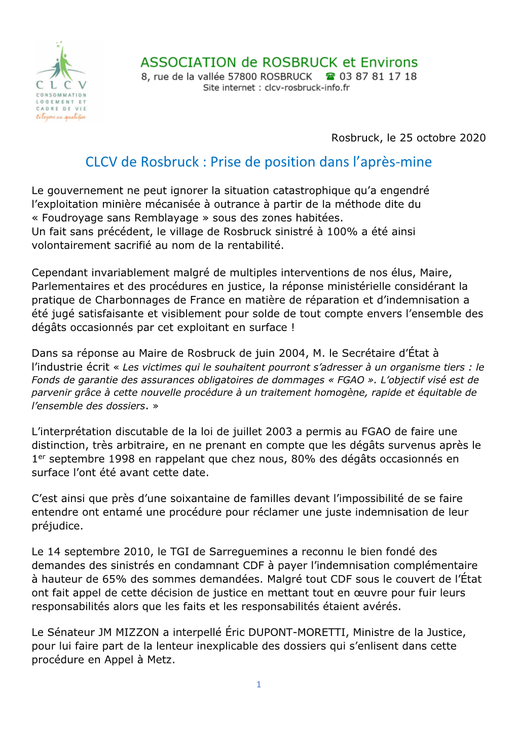 CLCV De Rosbruck : Prise De Position Dans L’Après-Mine