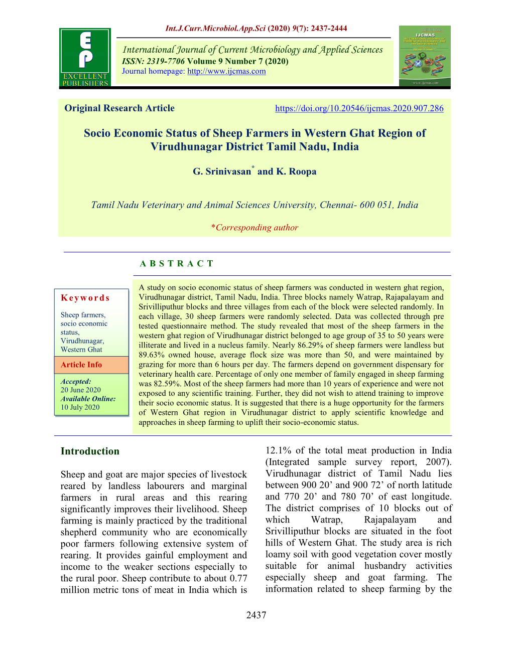 Socio Economic Status of Sheep Farmers in Western Ghat Region of Virudhunagar District Tamil Nadu, India