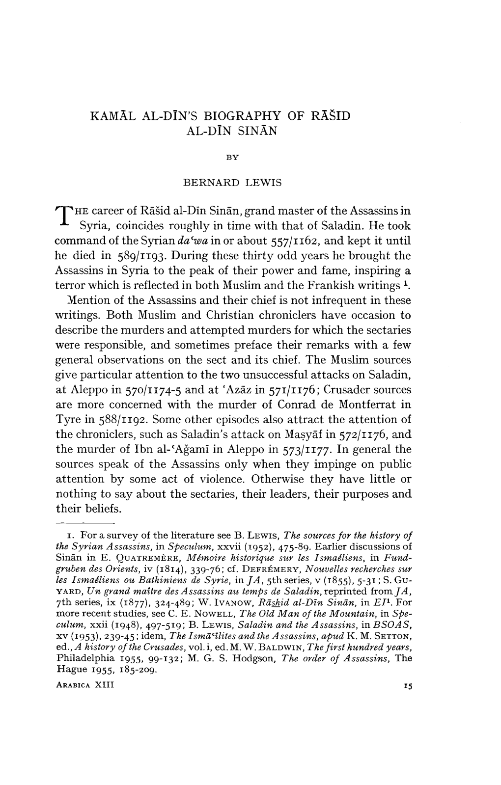Kam L Al-D N's Biography of R Šid Al-D N Sin N by Bernard