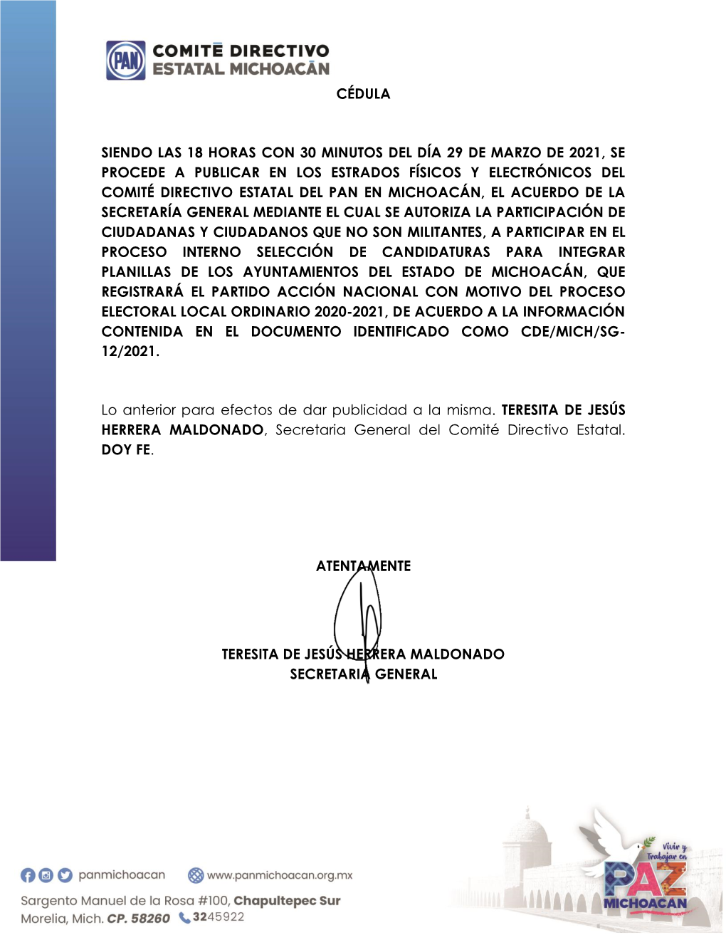 Cédula Siendo Las 18 Horas Con 30 Minutos Del Día 29 De