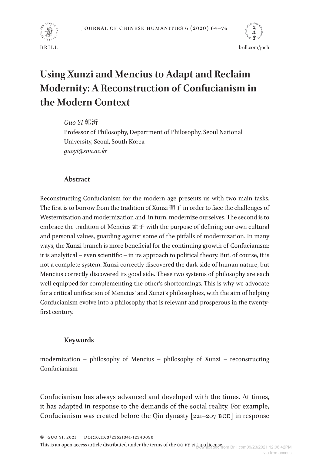 Using Xunzi and Mencius to Adapt and Reclaim Modernity: a Reconstruction of Confucianism in the Modern Context