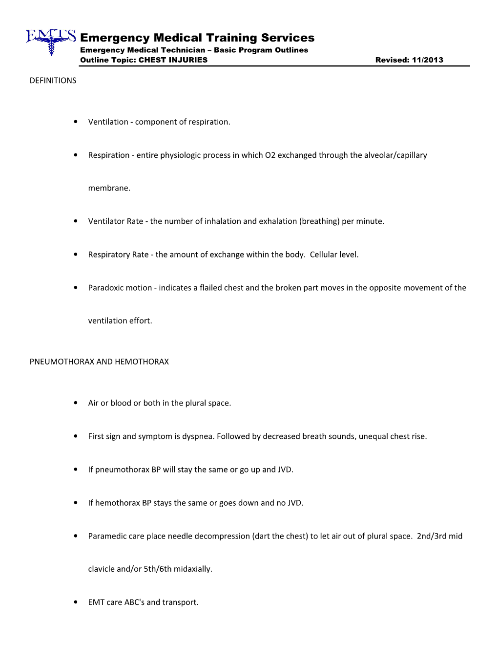 CHEST INJURIES Revised: 11/2013