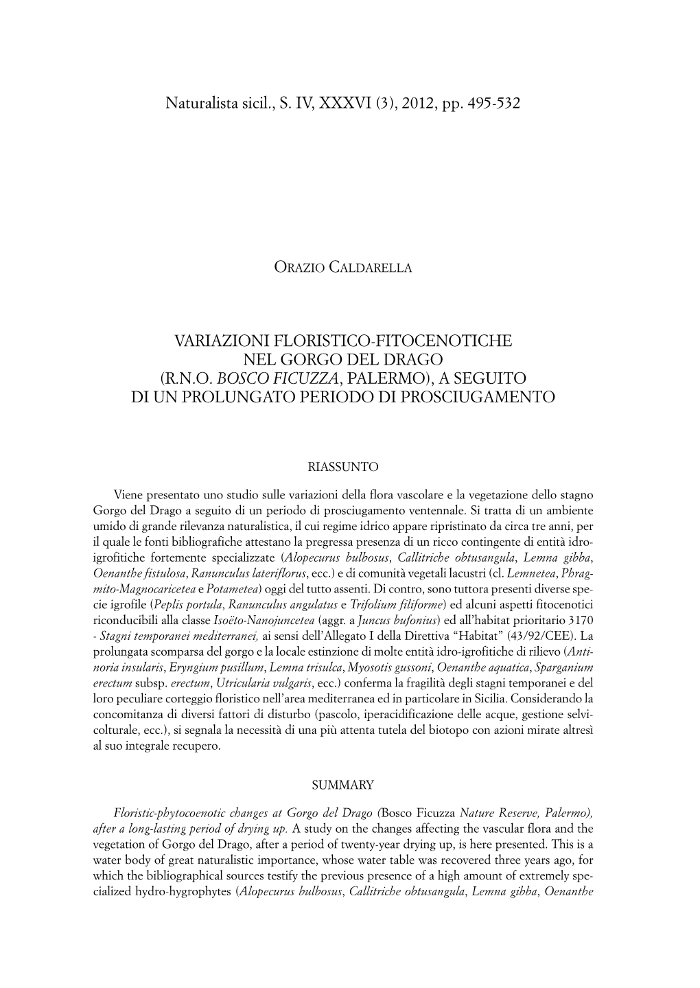 2012, Pp. 495-532 VARIAZIONI FLORISTICO-FITOCENOTICHE