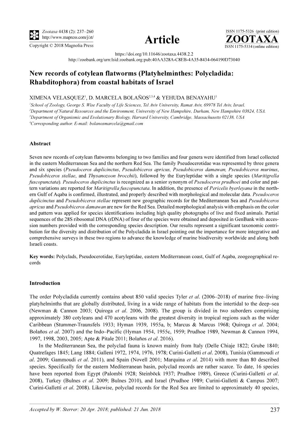 Platyhelminthes: Polycladida: Rhabditophora) from Coastal Habitats of Israel