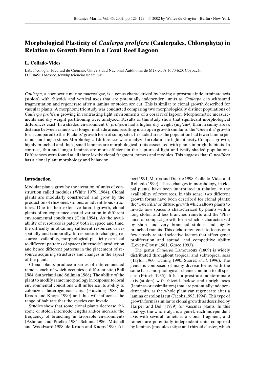 Morphological Plasticity of Caulerpa Prolifera (Caulerpales, Chlorophyta) in Relation to Growth Form in a Coral Reef Lagoon